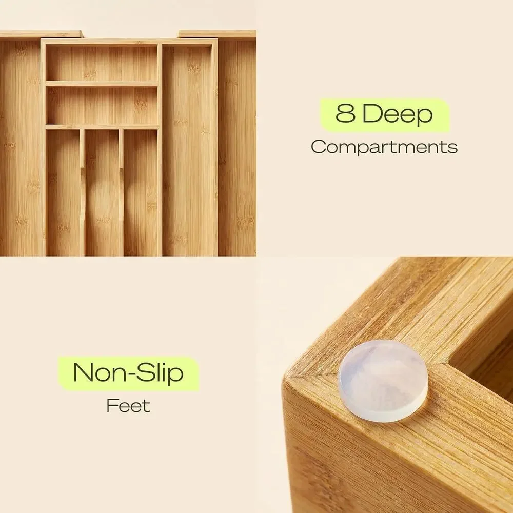 Bamboo Expandable Adjustable Silverware Drawer Organizer w/ Knife Block Kitchen
